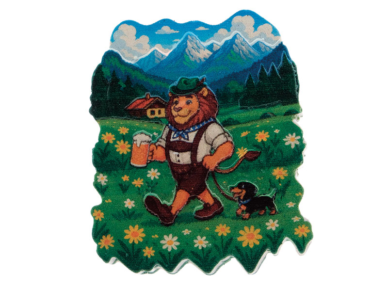 3D Magnet Löwe Leopold mit Dackel aus Poly 6,5x0,5x7cm