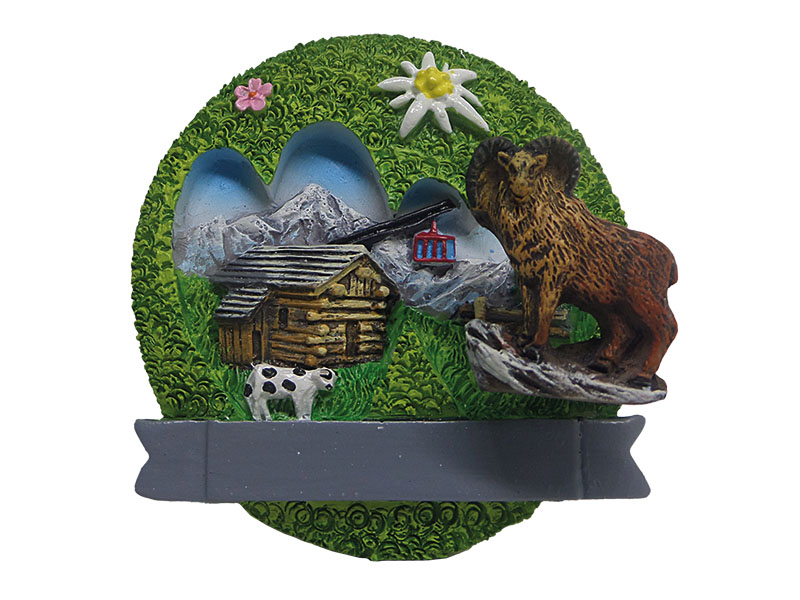 Magnet Berghütte mit Widder aus Poly 6x2,5x7cm    Magnet Berghütte mit Widder aus Poly 6x2,5x7cm