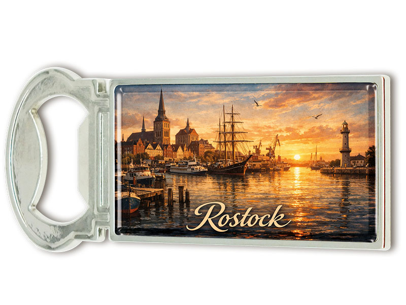 Souvenir Kapselheber Magnet Rostock aus Metall 3x9cm