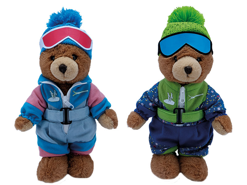 Bär mit Retro-Skianzug aus Plüsch, 18x10x30cm    Bär mit Retro-Skianzug aus Plüsch, 18x10x30cm